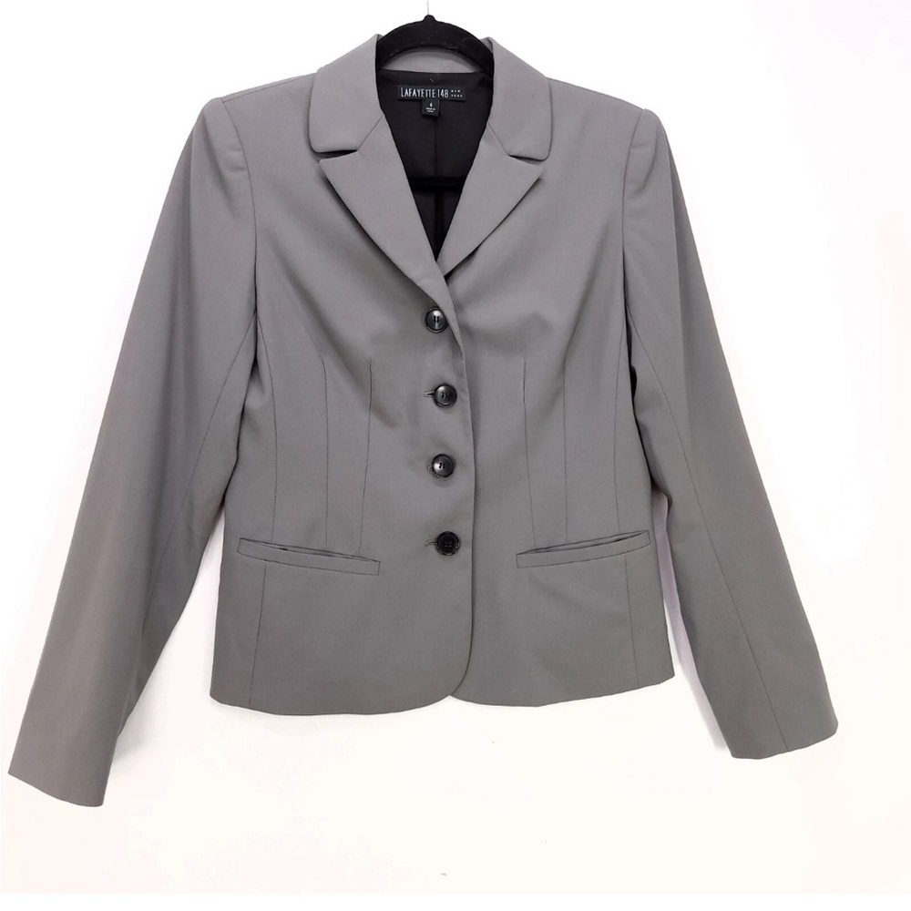 Lafayette 148 Blazer Gray Virgin Wool 4-Button Single Breasted Size 10